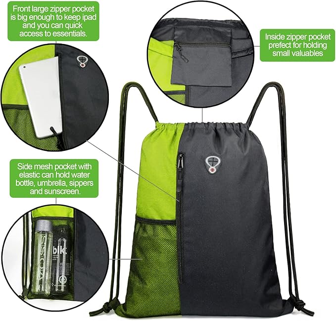 BeeGreen Lime Gym Bag Drawstring Backpack for Women Sports Backpack Workout Bag With 2 Water Bottle Mesh Pockets And Two Zipper Pockets
