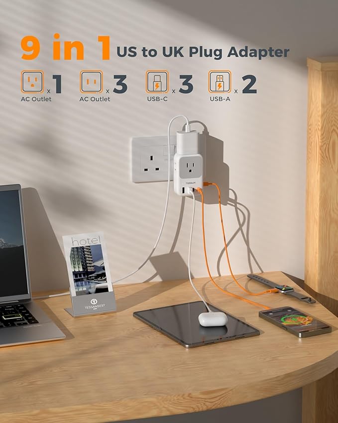 Type G Adapter for Travel 28W, TESSAN US to UK Plug Adapter with 4 Outlets 5 USB Ports (3 USB-C), Power Outlet Adaptor for USA to Ireland England London British Scotland Hong Kong Kenya, 2 Packs