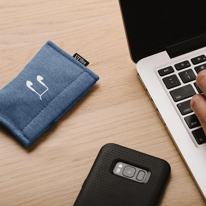 UT Wire Pocket Snap & Store Earphone Case Pouch, Slate Blue with Solid Grey Interior