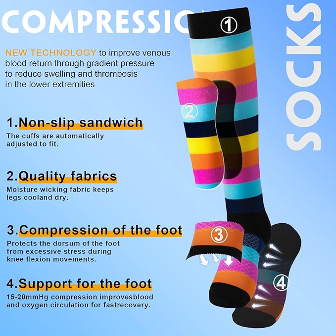 cerpite Compression Socks for Women & Men 6 Pairs Knee High Compression Socks 20-30 mmhg Best for Running,Nurse,Travel