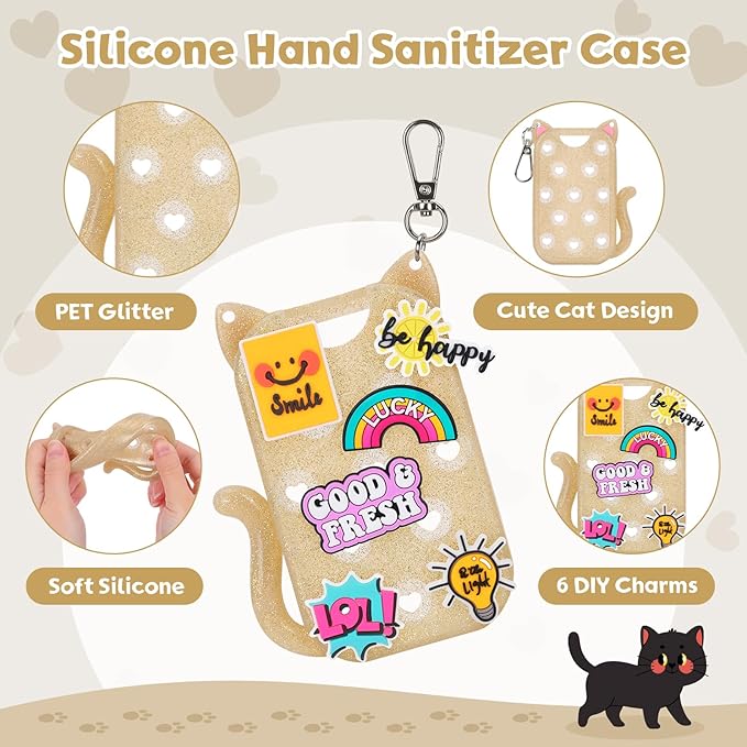 FunisFun Glitter Silicone Holder Case Compatible with Hand Sanitizer Spray 1 Fl. OZ., Cat-shaped Case Keychain with 6 Charms