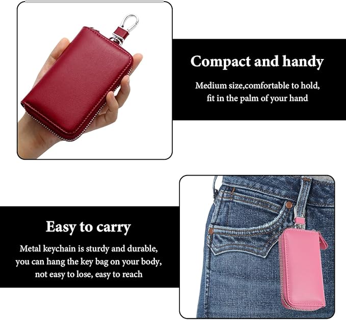 Leather Car Key Holder Bag, Unisex Key Fob Case with 6 Hooks, Zipper Closure Keychian Case Wallet for Smart Keys (Pink)