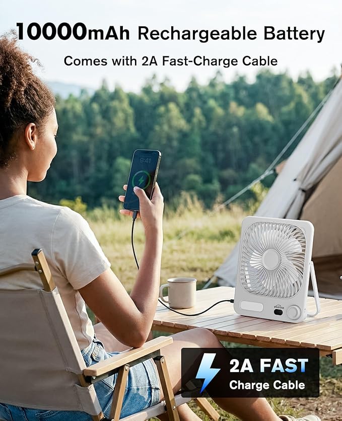 WHATOOK Small Desk Fan Rechargeable - 10000mAh Battery Operated Portable Fan with 100 Speeds & Night Light, Ultra Quiet Personal Desktop Fan for Bedroom, Office, Camping & RV Tent (White)