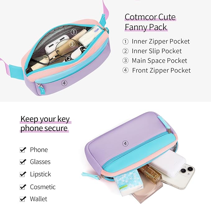 Fanny Pack Birthday Graduation Gifts for 7 8 9 10 11 12 13 Year Old Teen Girls Her Kids, Preppy Cute Trendy Stuff Colorblock Crossbody Bag Adjustable Belt Bags for Travel Essentials