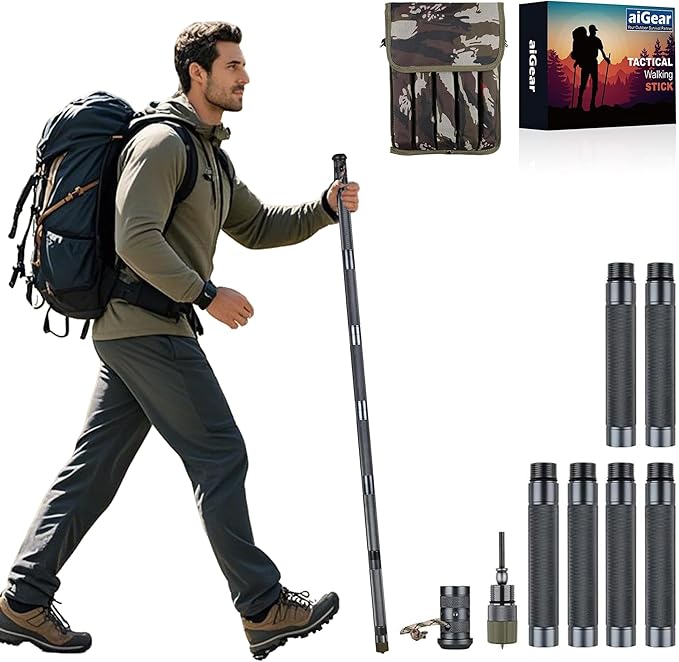 aiGear H2 Survive Tactical Walking Stick Multi Tool – 7-in-1 Survival Hiking Staff, Adjustable Trekking Poles for Men, Outdoor Self Defense Stick for Camping, Hiking & Emergency (Fits 4‘9“ to 6’4”)