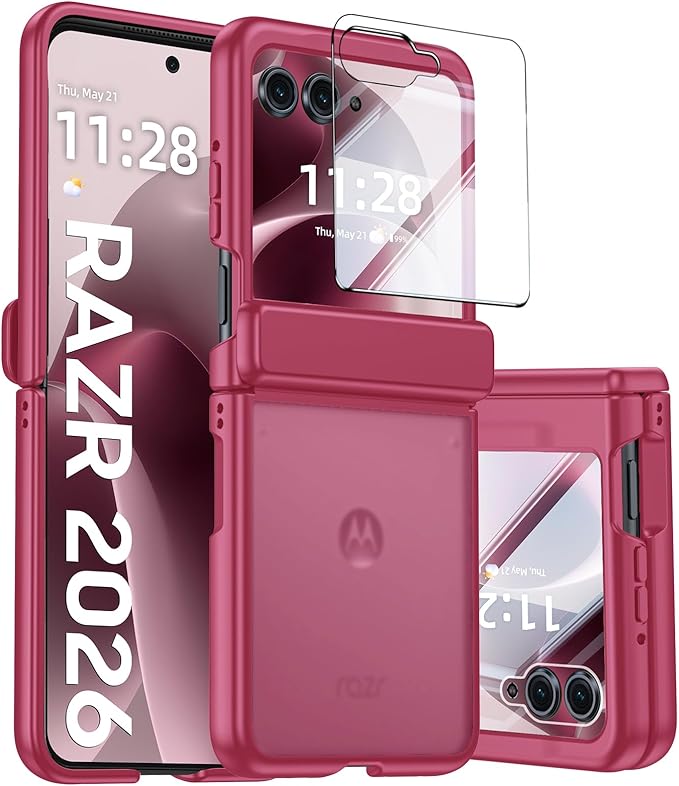 for Motorola Razr 2026 Case with Hinge Protection, Screen Protector, Ultra-Thin Skin Feel Translucent Frosted, Shockproof Cover for Moto Razr 2026-Rose Red