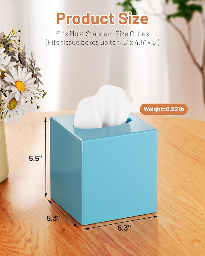 Tissue Box Cover, Square Plastic Tissue Box Holder with Anti Slip Base, Modern Decor Facial Napkin Holder for Bathroom Vanity Countertop, Bedroom Dresser, Night Stand, Parlors, Offices, Blue