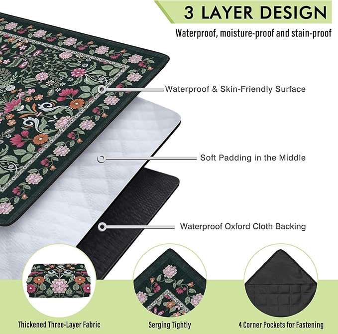 Floral Picnic Blankets Waterproof Foldable, 60″X80″ Packable Picnic Mat Boho Outdoor Blanket for Grass, Large Beach Blanket Sandproof Picnic Accessories for Camping Music Festival Park Lawn Travel