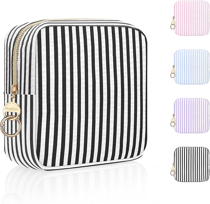 Stripes Period Bag, Small Period Pouches for Teen Girls, Quilted Sanitary Napkin Storage Bag, Compact Discreet Pad and Tampon Holder for Purse (Mini Stripes-Black)