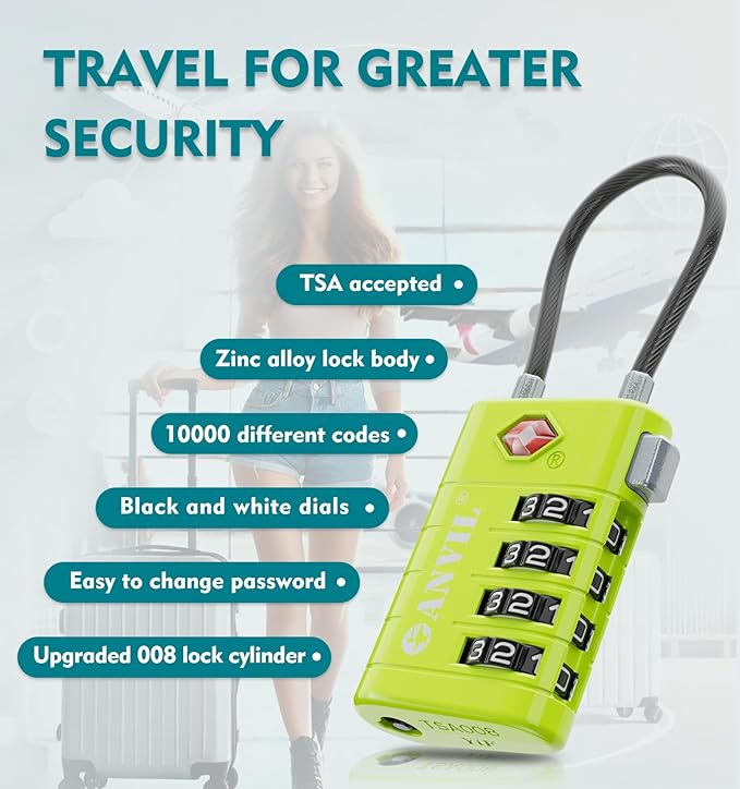 ANVIL TSA Approved Luggage Locks with Search Alert Indicator, 4-Digit Combination Suitcase Lock, Advanced TSA008 Core Heavy Duty Anti-Theft Travel Lock for Double Zippers, Backpacks