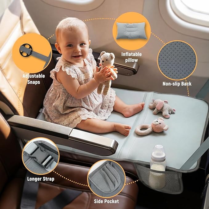 Grey Large Toddler Airplane Bed, Foldable Airplane Seat Extender Footrest, Portable Soft Kids Travel Sleeping Bed, Multi-Scene Flight Essentials for Toddlers Up to 55 lbs