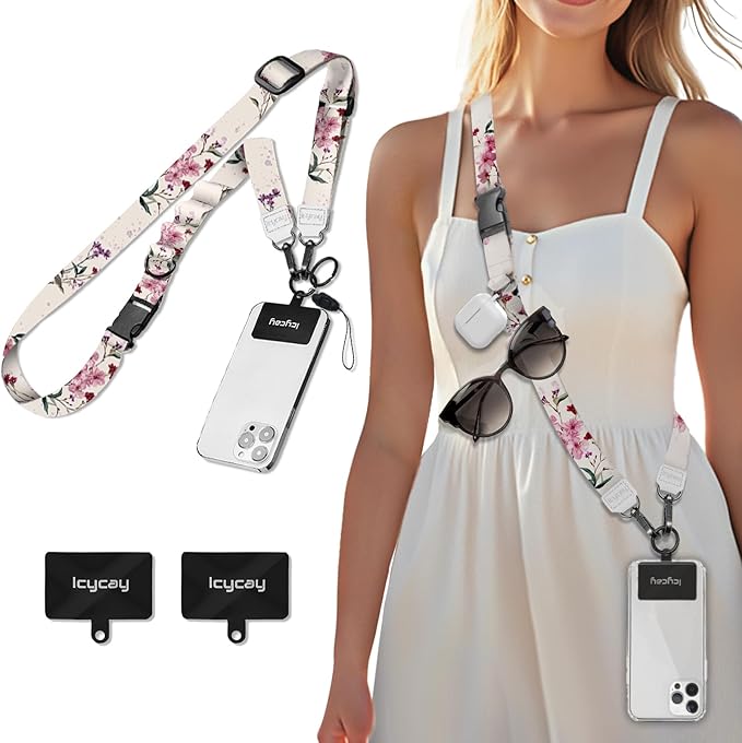 Icycay Phone Lanyard Crossbody, Bloom Floral Cell Phone Strap for Around The Neck Adjustable, Flower Teacher Anti Theft Cute Lanyard for ID Holder Keys Accessories Travel Essential Women