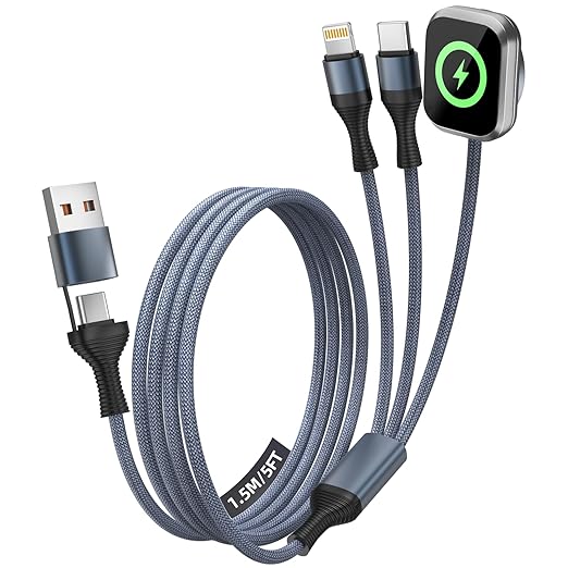 Cruise Essentials 2026, 3 in 2 Multi Charging Cable for iPhone Watch Charger/iPhone 17/IP, iWatch Charger, Travel Camping Essentials Compatible with iWatch 11-2/Ultra/iPhone 17-8,Car (5FT, Gray)