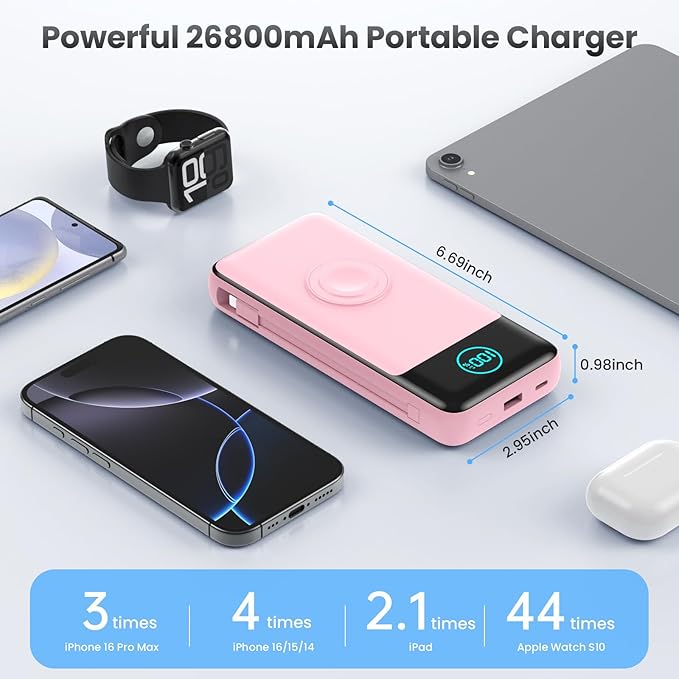 Portable Charger for iPhone with Built-in Cables and AC Wall Plug,26800mah Fast Charging USB C Power Bank,25W PD Travel Essential Battery Pack for iPhone 17/16/15/14/13,Galaxy,Apple Watch (Pink)