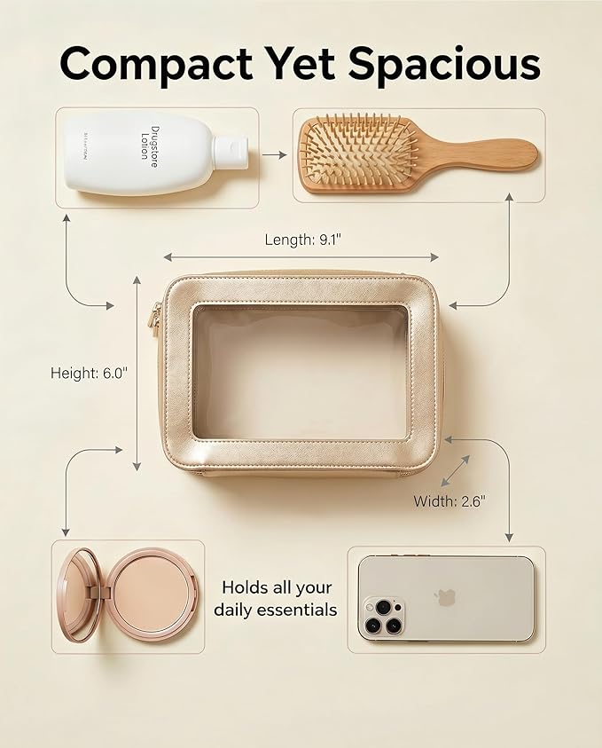 LETGO Clear Makeup Bags for Travel, TSA Approved Toiletry Bag with Zipper, Clear Cosmetic Organizer Fit Carry-on Beach Essentials for Women Men (O-Gold)