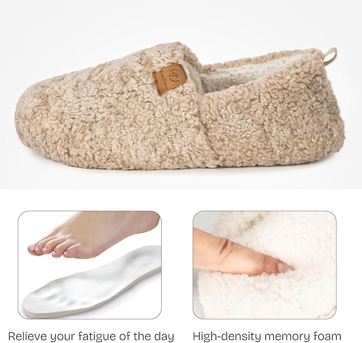 EverFoams Women’s Soft Curly Full Slippers Memory Foam Lightweight House Shoes Cozy Loafer with Polar Fleece Lining