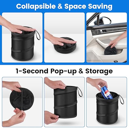 2 Pack Car Trash Can, Mini Pop-Up Car Garbage Can with Hanging Loop, Leakproof Washable Small Collapsible Trash Can Automotive Garbage Cans Trash Bin for Truck Auto SUV Vehicle RV Camping, 2 Gallon