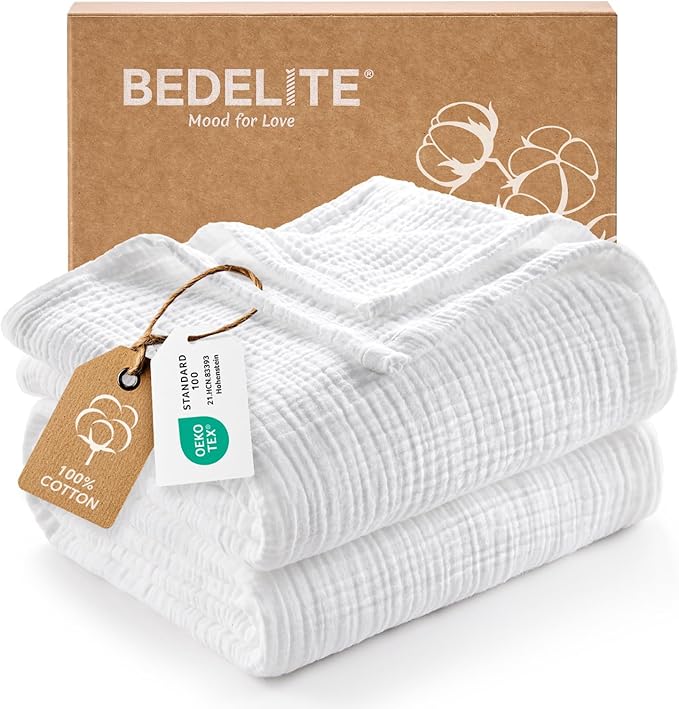 BEDELITE 100% Cotton Muslin Blankets for Adults - 4-Layer King Size Breathable and Lightweight Gauze Blanket for Couch, Bed, Travel and Summer, Soft & Cozy Gift for Women, White, 108"x90"