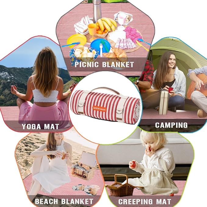 G GOOD GAIN Picnic Outdoor Blankets Waterproof Large - Beach Mat Sand Free Foldable with Carry Strap | Portable Camping Blanket | Park Blanket for Grass Park, Hiking, Travel, Concerts, Indoor (Red)