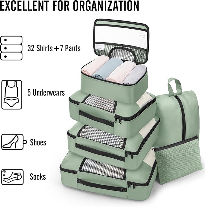 Veken 8 Set Packing Cubes for Travel Essentials,Anti-Wrinkle Buckled Suitcase Organizer for Shoe & Toiletry Bag,Carry On Luggage Bag for Airplane & College Dorm Room Accessories,Women Men Gifts