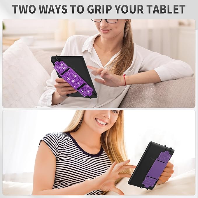 MoKo 2 Pack Security Hand Strap for 6-8" Kindle eReaders Fire Tablet-Kindle/Kobo/Voyaga E-Book Tablet, High-Elasticity Versatile Hand Strap Lightweight Finger Grip Holder, Deep Purple+Glitter Purple