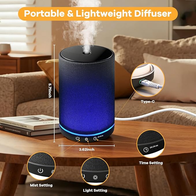 Essential Oil Diffuser with Fabric Cover 150ml Portable Aroma Diffuser Aromatherapy Oil Diffuser with 7 Colors LED, Scent Diffuser with Timer Function, Mini Humidifier for Bedroom Home Office