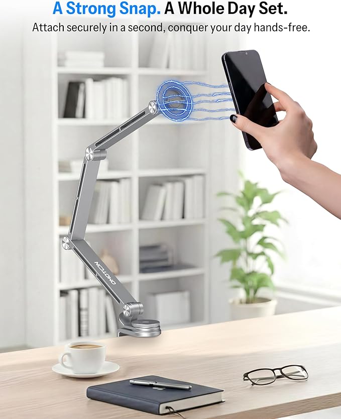 OMOTON Tablet Stand for iPad with 360° Rotation, GH04 Aluminum Alloy Long Arm Phone Mount with Magnetic Phone Head & Plastic Tablet Clamp, Adjustable Holder for 4-13" iPad Pro/iPhone, Grey