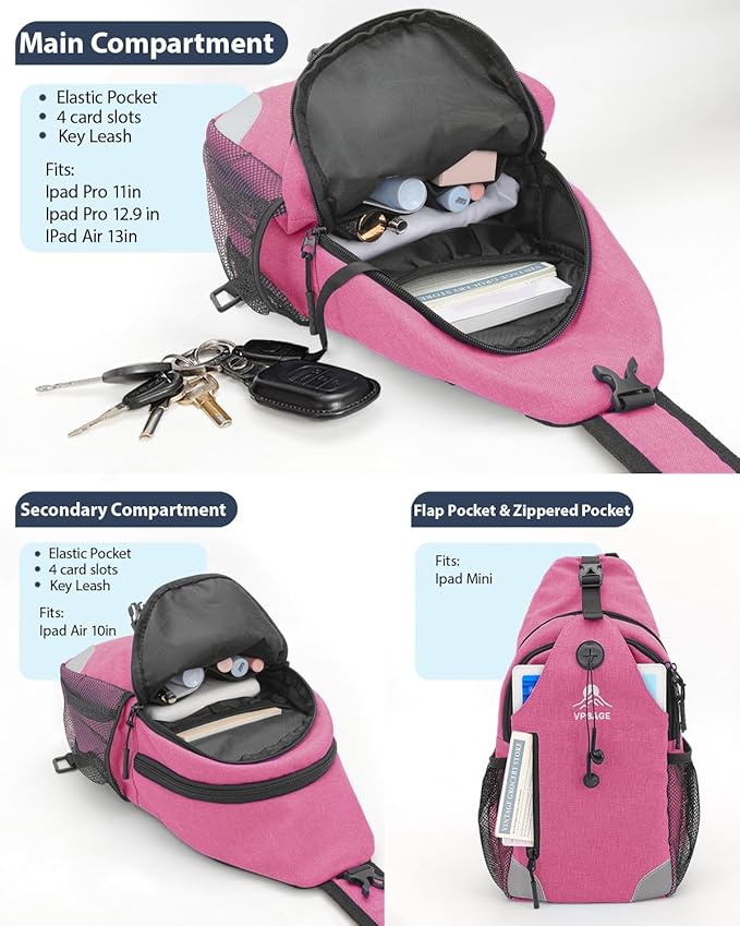 Sling Backpack for Women & Men, Crossbody Travel Bag with Water Bottle Holders, 17 Pockets, Quick-Access Phone Pocket, Hidden Security Pocket, Fits 11" Tablet, for Daily Carry, Travel, Theme Parks