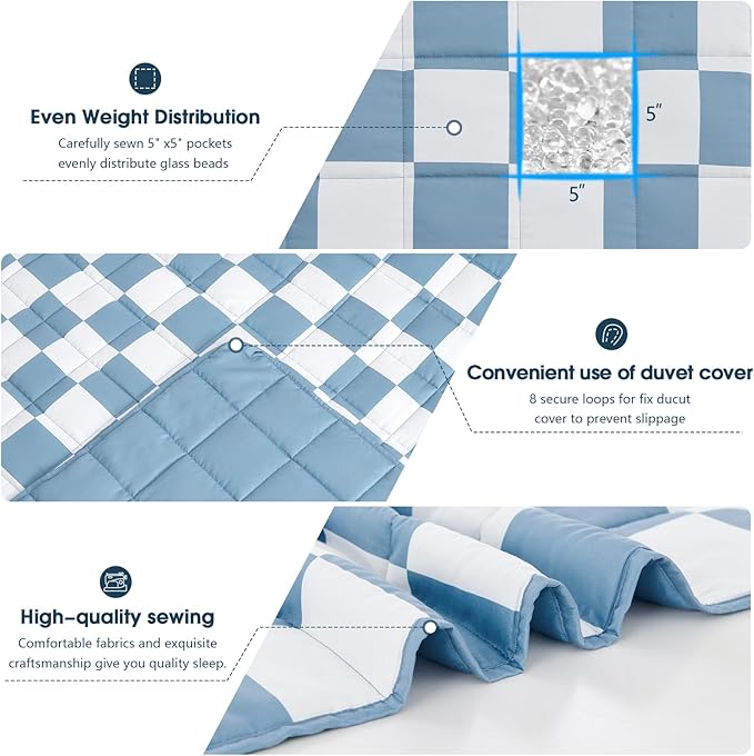 Blue Checkered Weighted Blanket for Adults 15lbs, 48"x72", Twin Full Size Cooling Plaid Heavy Throw Blanket for 140-160lbs, Microfiber Soft Thick Big Blankets Weighted Comforter Gifts for Sleeping