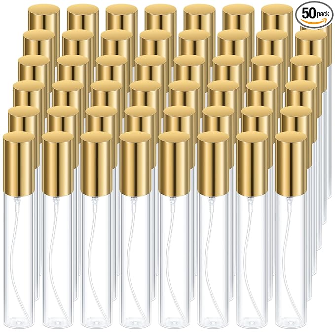 Yinder 50 Pcs 15ml Travel Spray Bottle Refillable Perfume Atomizer Bulk Glass Mini Cologne Perfume Bottles Empty Fine Mist Portable Small Sample Containers(Gold)