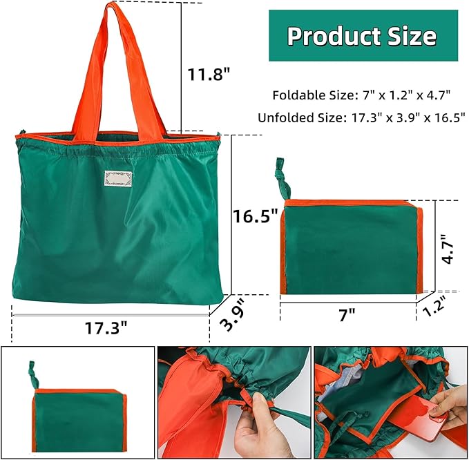 Covzoe 4 Pack Reusable Shopping Bags, Foldable Grocery Bags with Handles, Large Lightweight Tote Bag Fits in Pocket, Washable Beach Bag for Kitchen Travel Shopping, Drawstring Closure