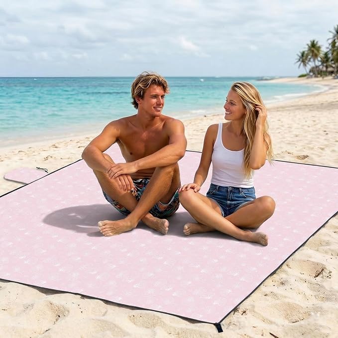 OIGAE Family Beach Blanket, 7×8 ft Sand-Free Picnic Mat for 1–4 People, Quick-Dry Lightweight Outdoor Blanket with Stakes & Corner Pockets, Shell, Pink