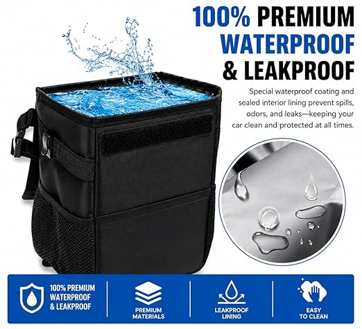 LuxMotive Car Trash Can – 3 Gallon Leakproof Waterproof Auto Trash Bin, Hanging Car Garbage Container with Lid & Storage Pockets, Foldable Car Organizer for Vehicle Interior (Black)