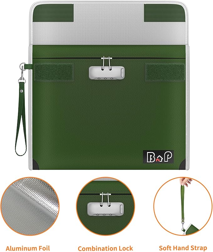 Fireproof Bag with Lock - 4200°F Heat Insulated, Waterproof Fireproof Money Bag with Zipper, Fireproof Document Bag for for Letter,A4,A5 Size Documents/Cash/Valuables/Passport, 13.9"x10.6"(Olive Drab)