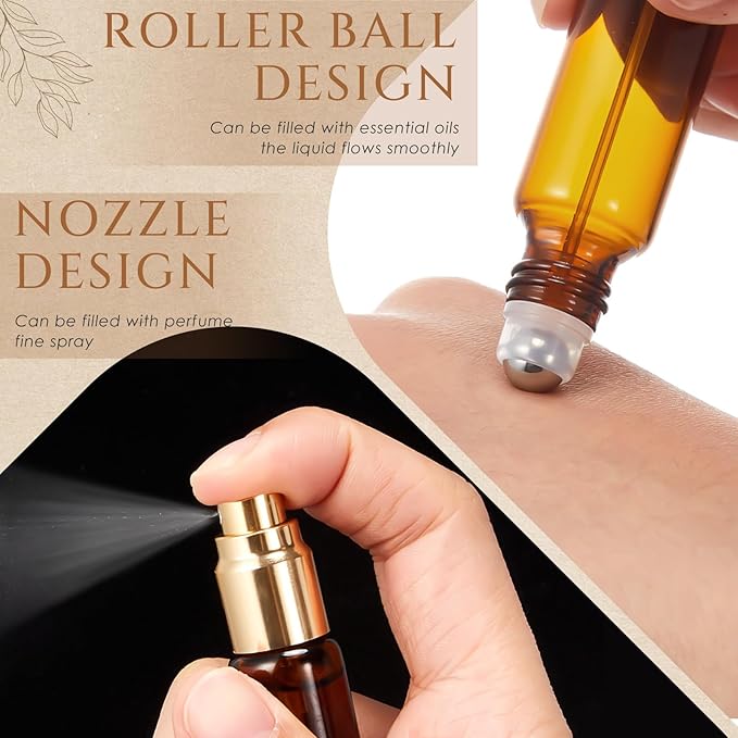 Domensi 20 Pack Dual-head Perfume Roller Bottles, 10ml Travel Refillable Bottles with Roller Ball & Spray for Essential Oils & Cologne, Leakproof Travel Atomizer with Funnel Tool(Amber)