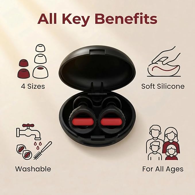 Ear Plugs for Noise Reduction – Reusable Silicone Earplugs with Filter Technology for Sleeping, Travel, Focus, Concerts & Motorcycling Ear Plug +8Tip (Black-red)