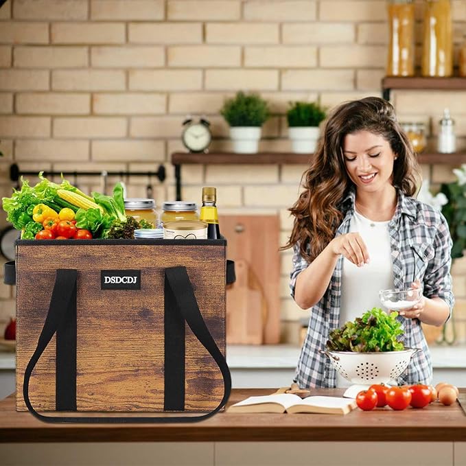 Reusable Grocery Bags - Heavy Duty Reusable Shopping Bags with Hard Bottom & Long Handles, Foldable Large Utility Tote Bag with Box Shape to Stand Up - for Kitchen, Picnic, 3 Pack, Rustic Brown