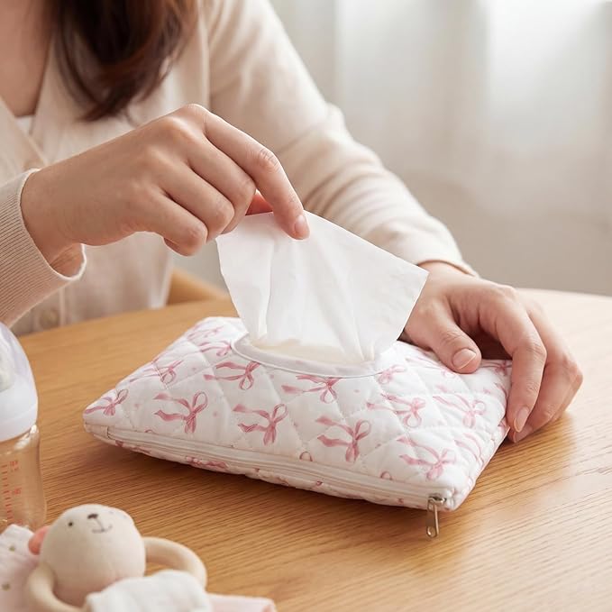Quilted Pink Bow Baby Wipe Holder Fabric Wipes Dispenser Bag with Handle Portable Wet Wipes Pouch for Baby Travel Home Car Stroller