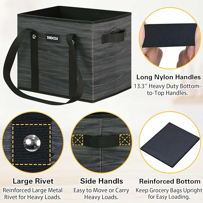 Reusable Grocery Bags - Heavy Duty Reusable Shopping Bags with Hard Bottom & Long Handles, Foldable Large Utility Tote Bag with Box Shape to Stand Up - for Kitchen, Picnic, 3 Pack, Grey