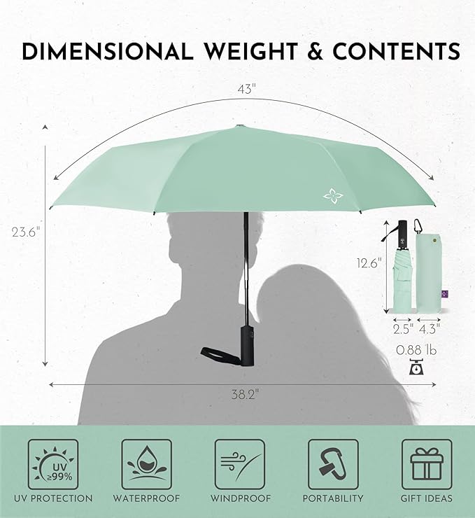 Windproof Travel Umbrella for Rain - 43" Compact Folding Umbrella, Reinforced Strong Frame, Lightweight Portable Parasol with UPF 100+ UV Sun Protection, Cruise Ship Essentials