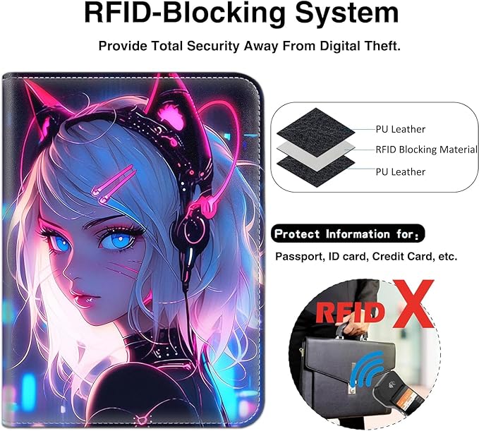 Passport Wallet, Passport Holder with RFID Blocking and Luggage Tag, Waterproof PU Leather Travel Documents Organizer Case, Passport Covers with Card Slot for Women & Men, Cat Girl Blue Neon Anime