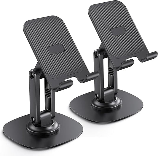 OMOTON Cell Phone Stand for Desk, 2 Pack Adjustable Foldable Phone Holder, 360 Swivel Mobile Stand Fit for iPhone 17 16 15 14 13 Pro Max and All Smart Phones, Black & Black
