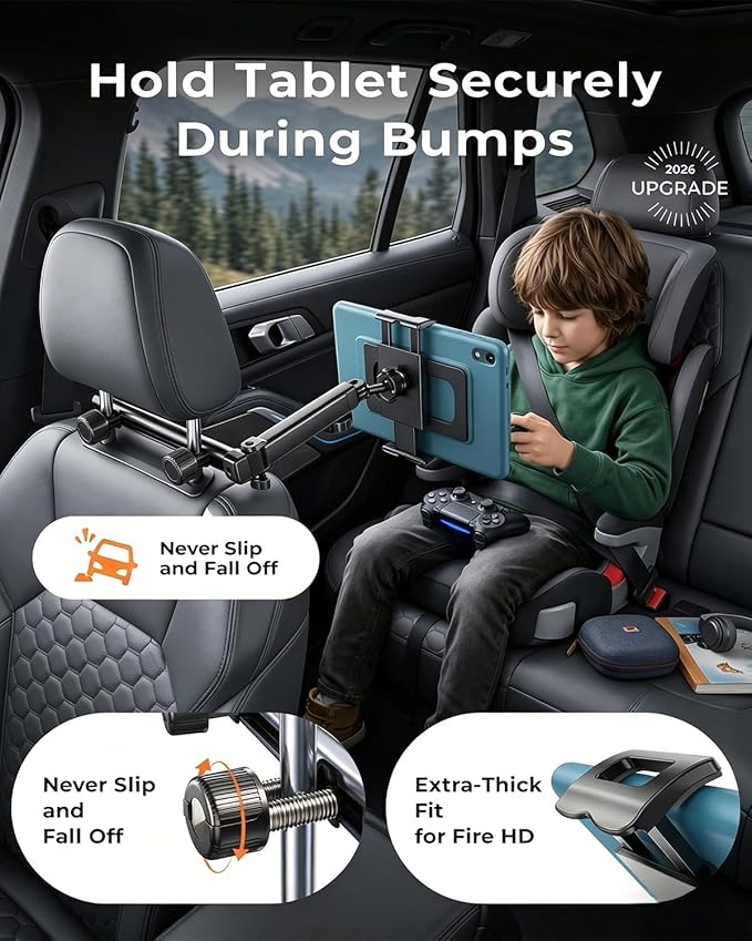 Tablet Holder for Car, 3 in 1 Extension Arm Adjustable Car Headrest Tablet Holder Road Trip Essentials Back Seat Tablets Cars Mount Compatible with iPad Pro, Air, Mini, 4.7-11" Devices