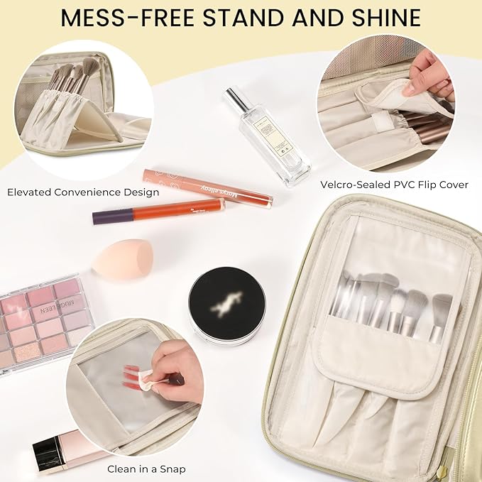 Travel Makeup Bag Women's Large Capacity Cosmetic Portable Organizer Large Opening Waterproof Storage Toiletry Bags Vertical Free-Standing Brush Holder for Easy Access Gold