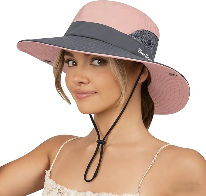 Sun Hat for Women Summer UV Protection Beach Hat Wide Brim Mesh Bucket Fishing Hat with Ponytail Hole Foldable Packable Hat