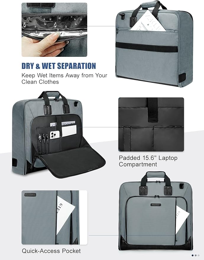Noozion Garment Bag for Travel, Large Carry On Suit Bag for Business Up to 3 Suits, Wrinkle Free Garment Bag for Hanging Clothes with Shoulder Strap, Laptop Compartment, and Wet-Dry Pocket