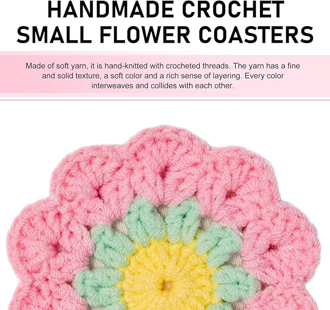 2 PCS Car Flower Coasters, Handmade Crochet Cotton Floral Insert Pad, Non-Slip Absorbent Insulated Placemat, Universal Boho Cute Decor Interior Accessory for Women Girls (Pink)