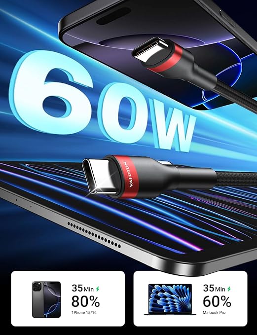 PD 60W Short USB C Cable (2 Pack), Keychain 6 Inch USB C Cable/Nylon Braided Type C to Type C Cables/Fast Charging Cables for 1Phone17/16/15 Series, 1Pad Pro/Air, Samsung Galaxy Series, Google Pixel