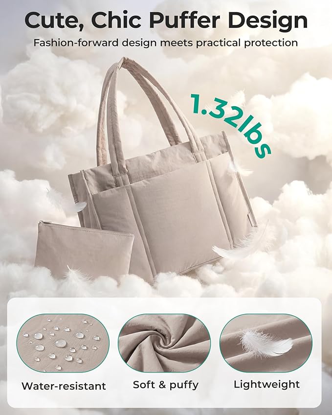 BAGSMART Tote Bag for Women, 2Pc Puffer Tote Bag with Zipper, Quilted Work Tote Teacher Bag Shoulder Handbag | Beach Tote