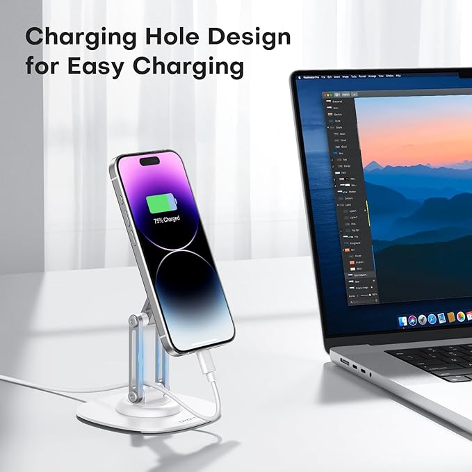 OMOTON 360°Rotating Magnetic Phone Stand for Desk, Adjustable Foldable Aluminum for MagSafe Cell Phone Stand Holder with Non-Slip Base, for iPhone 17/16/15/14 Pro Max Air/MagSafe Case, White